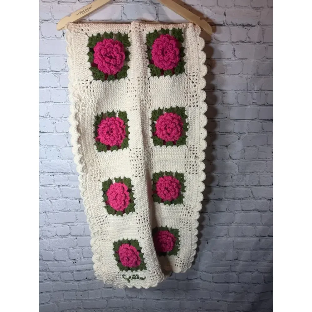 Vintage Handmade Crocheted Rose Sofa Runner Afghan Cream King Bed Boho‎ Decor 3D
